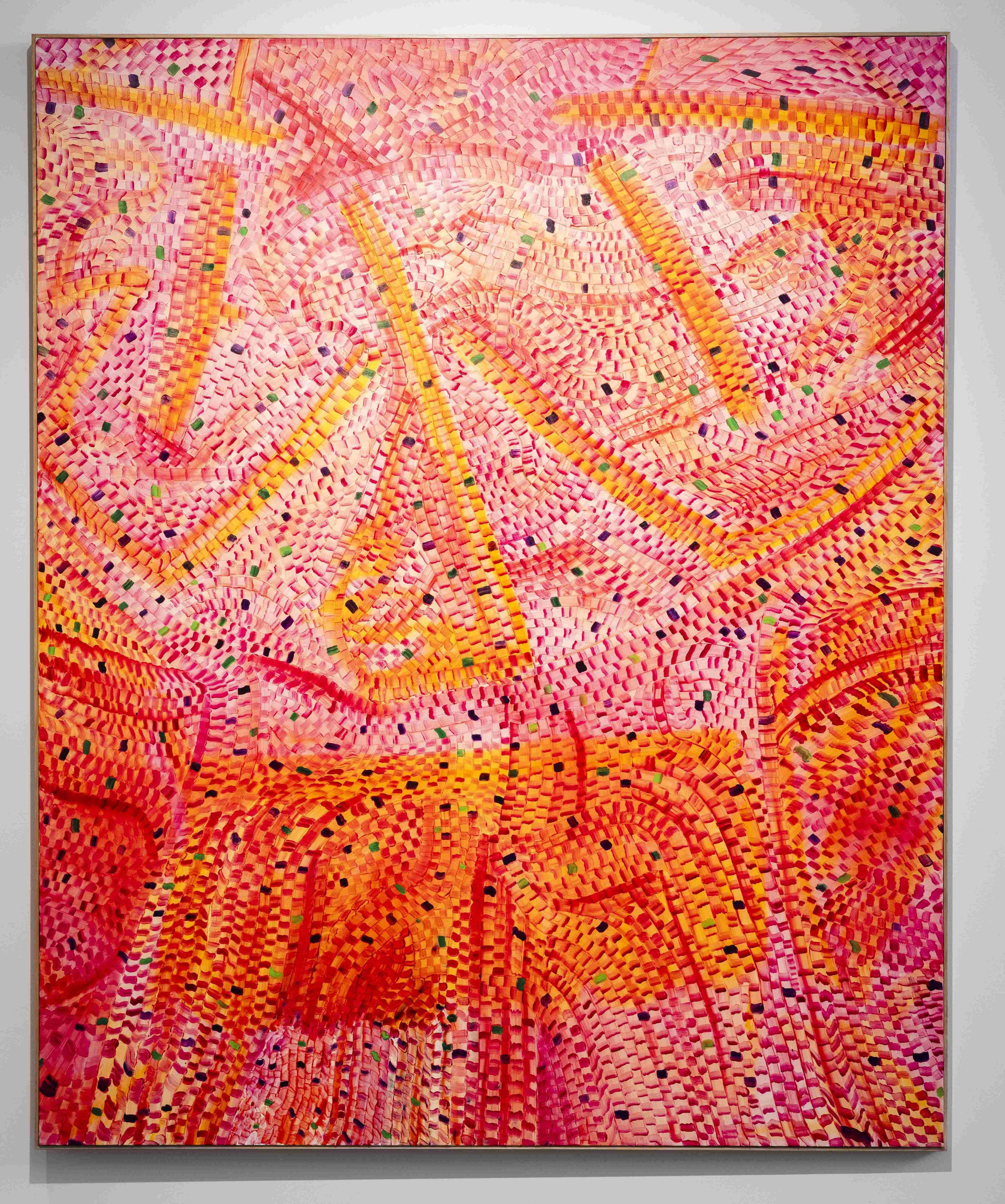 An abstract work with red, pink and orange basket weave-style dashes and lines.