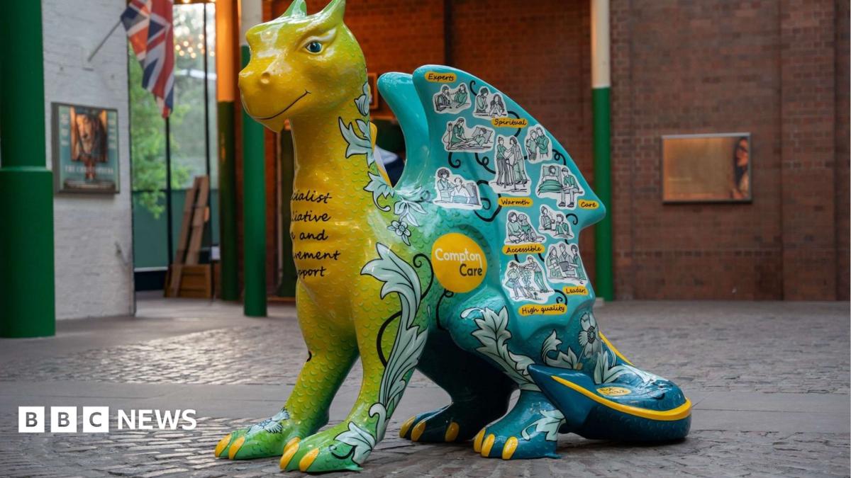 A large dragon sculpture that is green, yellow and blue, with yellow claws. It has drawn stickers of people on it, with a yellow circular logo that reads "Compton Care".