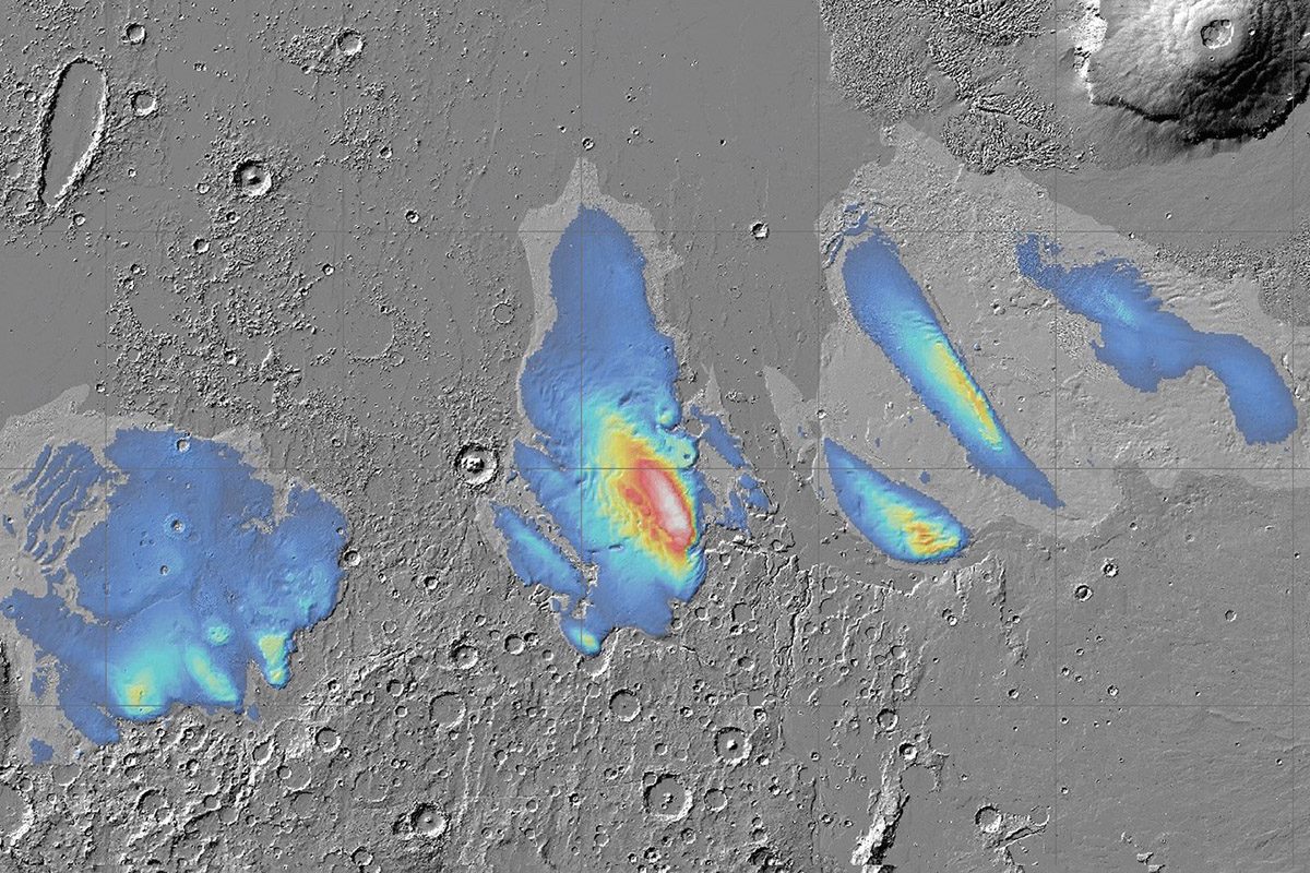 Map showing the thickness of a deposit thought to be water ice at Mars