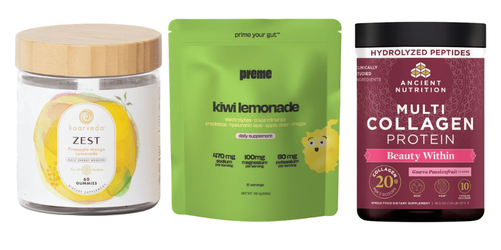 From left, Koarveda ZEST Energy Booster Gummy, Preme Kiwi Lemonade Daily Supplement and Ancient Nutrition Multi Collagen Protein Beauty Within, Guava Passionfruit From left, Koarveda ZEST Energy Booster Gummy, Preme Kiwi Lemonade Daily Supplement and Ancient Nutrition Multi Collagen Protein Beauty Within, Guava Passionfruit