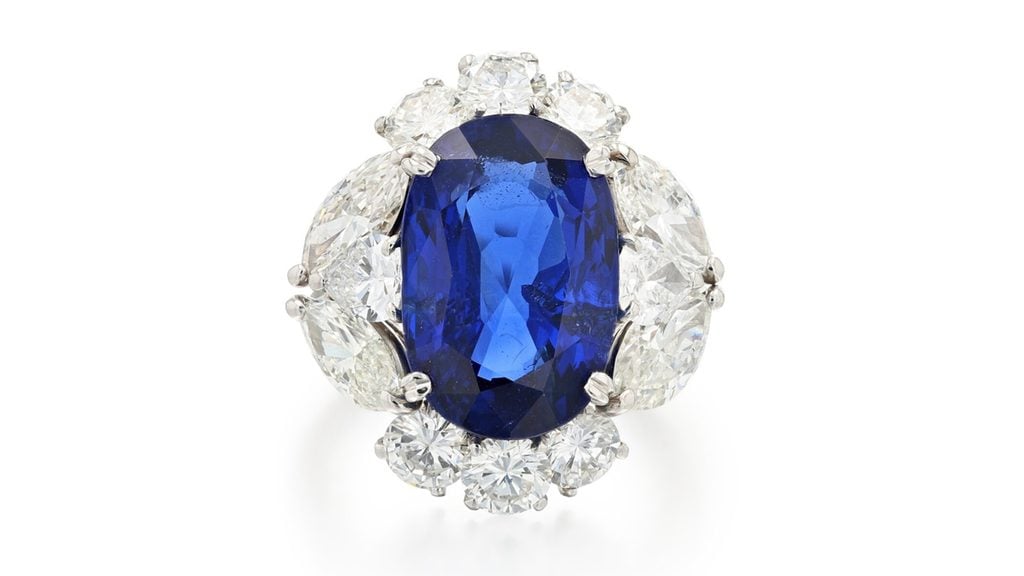 A ring starring an oval shaped, 9.41-carat Burmese sapphire in a surround of marquise, pear and brilliant-cut diamonds at Sotheby's image