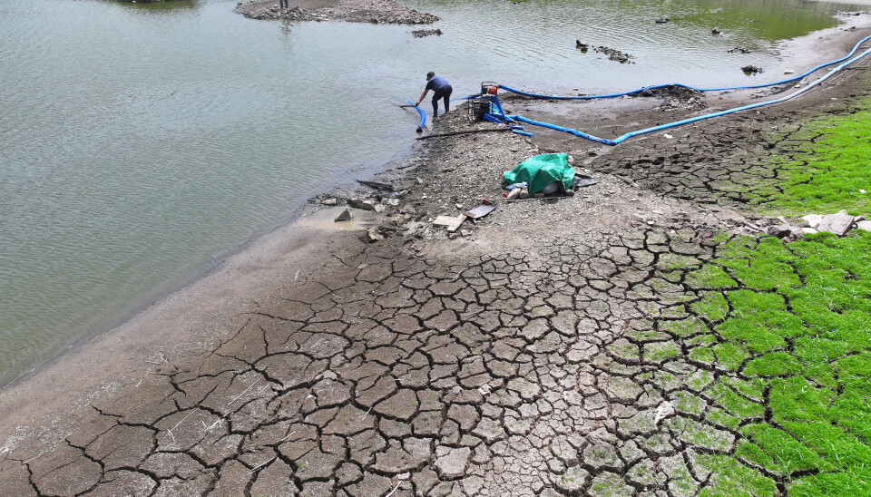 Farmers install a water pump to irrigate rice paddies at a reservoir in Daegu on Aug. 11 amid a prolonged drought. // 말라가는 저수지에 양수기 설치하는 농민들 (대구=연합뉴스) 윤관식 기자 = 가뭄이 이어지고 있는 11일 대구 북구 도남저수지가 가뭄으로 바닥이 드러난 가운데 농민들이 논에 물을 대기 위해 양수기를 설치하고 있다. 2026.8.11 psik@yna.co.kr/2026-08-11 15:50:01/