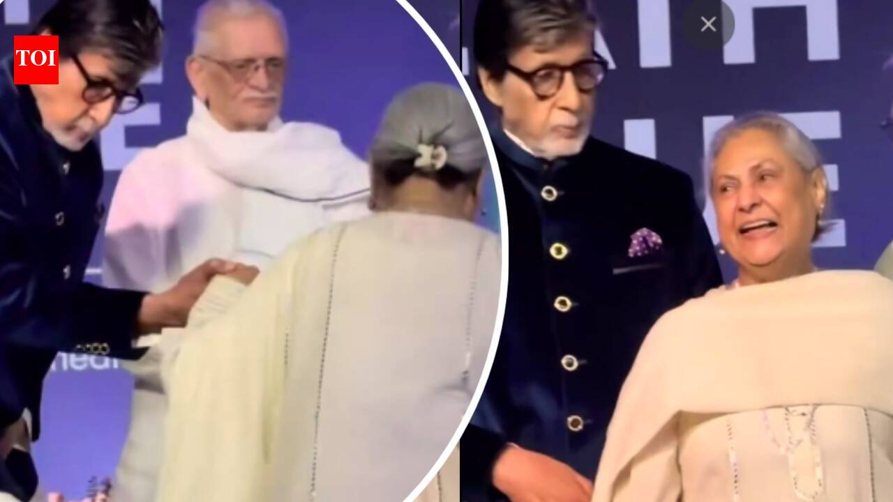 Amitabh Bachchan plays the doting husband; helps Jaya Bachchan on stage at book launch event with Gulzar- WATCH |