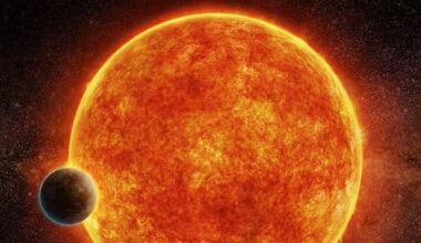 Exoplanet atmosphere: A big orangish sun-looking star with a dark planet in front.