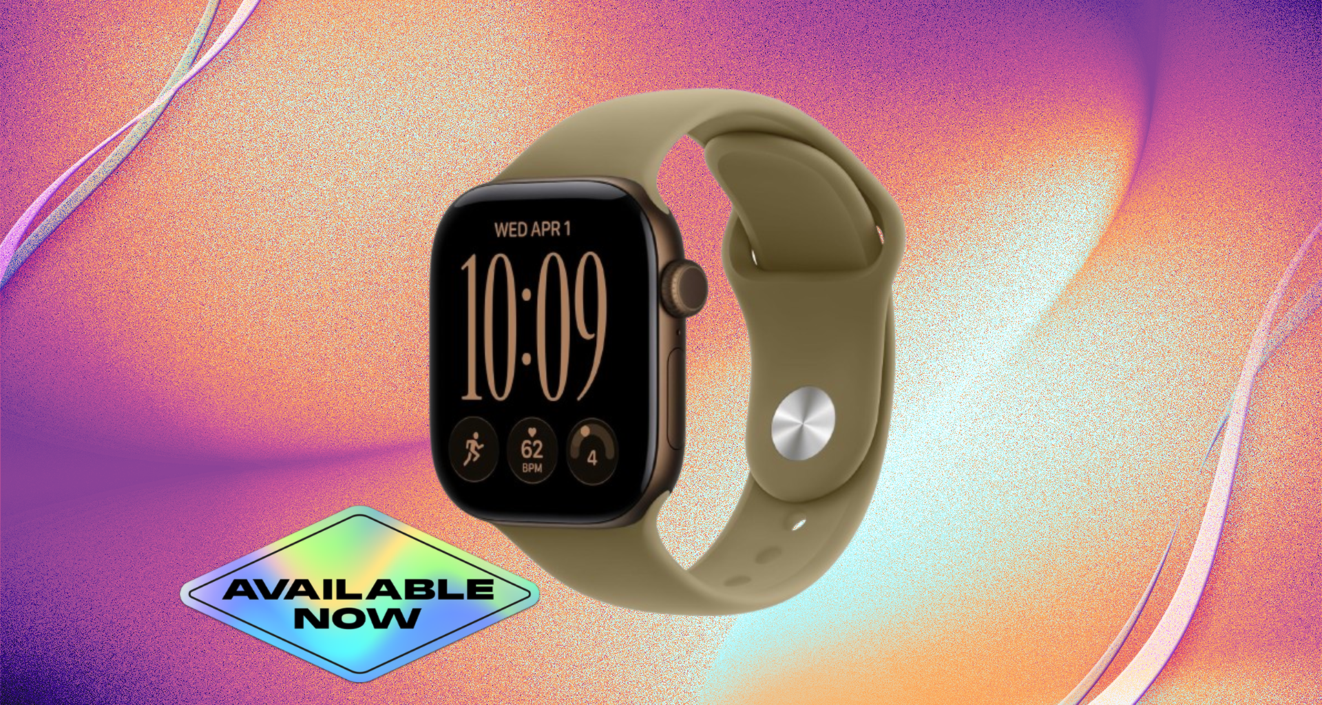 Apple Watch Series 12 in bronze aluminum case with olive sport band against orange and purple CNET background.