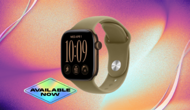 Apple Watch Series 12 in bronze aluminum case with olive sport band against orange and purple CNET background.