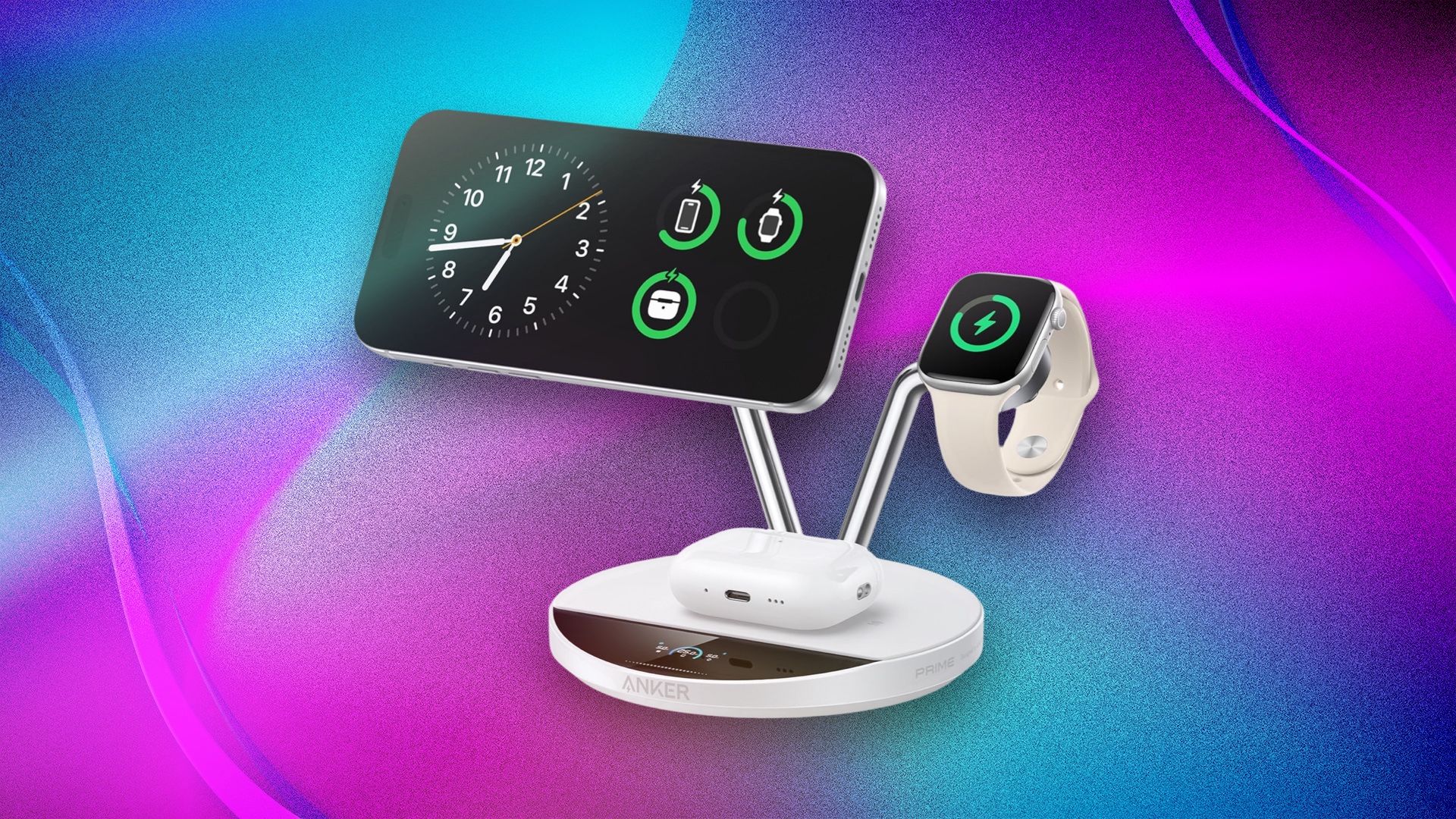Anker Prime 3-in-1 charging station on a Prime Day CNET background