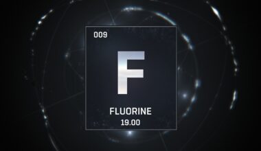 3D illustration of Fluorine as Element 9 of the Periodic Table. Silver illuminated atom design background with orbiting electrons. Design shows name, atomic weight and element number