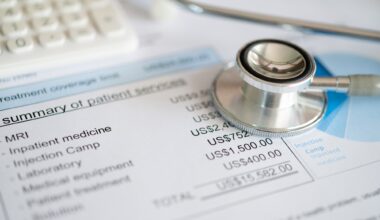 Medical treatment expense on bill statement with calculator and stathoscope.