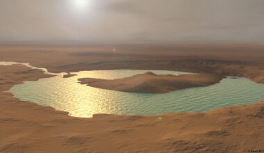 Formaldehyde on ancient Mars: Reddish-brown landscape with a river feeding into a round lake with a big island in the middle.