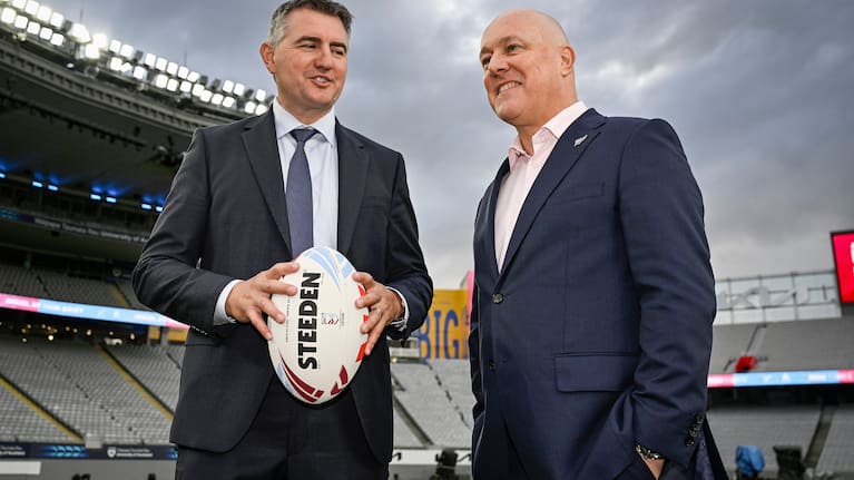Eden Park CEO Nick Sautner and New Zealand Prime Minister hristopher Luxon in conversation at the Official announcement and press conference for Eden Park to host an official State of Origin match for 2027 held at Eden Park, Auckland.