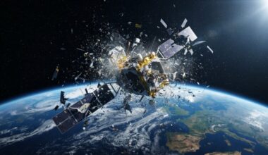 Satellite breakup: Illustration of a satellite with solar panels breaking up in Earth orbit.