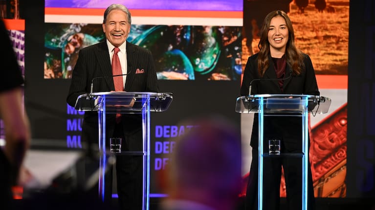 New Zealand First leader Winston Peters and Opportunity leader Qiulae Wong at the 1News Multi-Party Debate.
