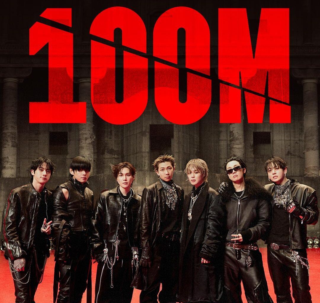 A BigHit Music commemorative poster celebrating 100 million YouTube views for BTS