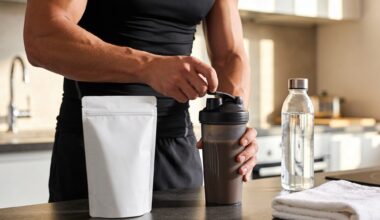 Athletic man preparing protein supplement drink during fitness training session in gym