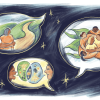 An illustration of speech bubbles in a starry dark sky, with images of people helping each other in each of them. 