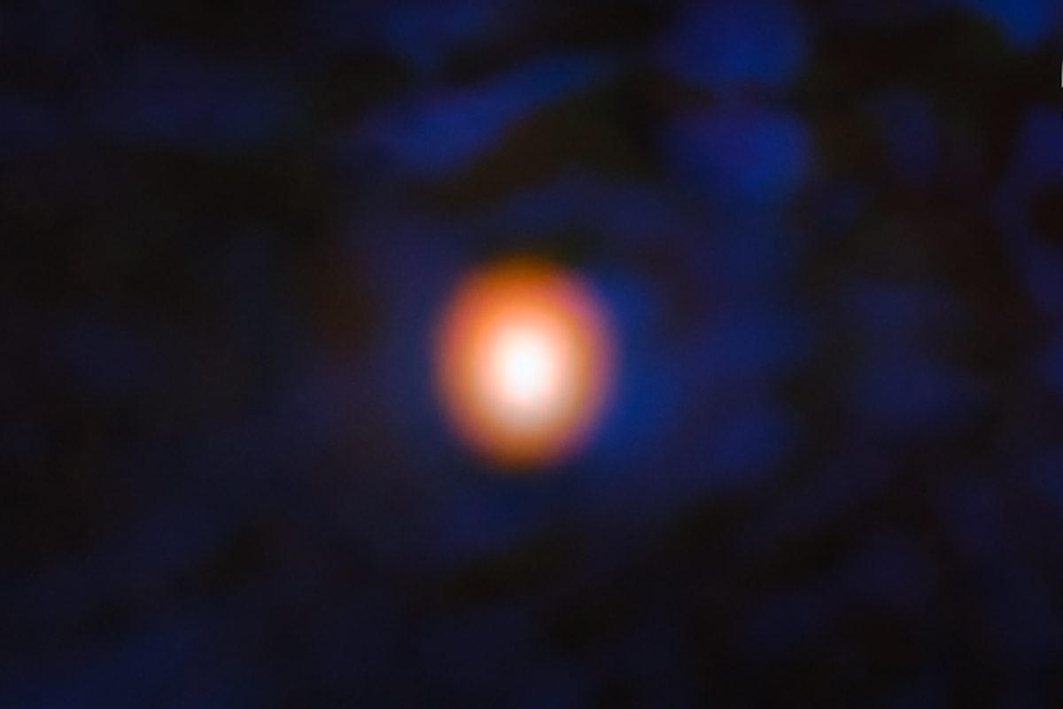 Image of super Jupiter exoplanet Epsilon Indi Ab, captured using the coronagraph on the James Webb Space Telescope’s MIRI (Mid-Infrared Instrument). The star symbol marks the location of the exoplanet