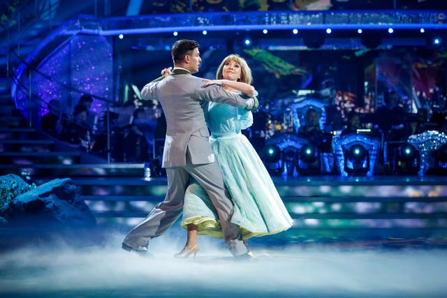 Melanie Walters performing on Strictly during Movies Week wearing a blue gown
