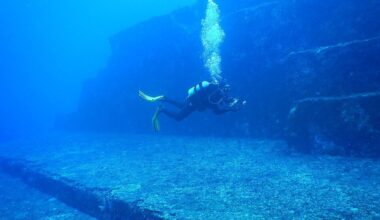 A part of Yonaguni Monument that is called the Main Terrace, underwater near Yonaguni Island, Japan