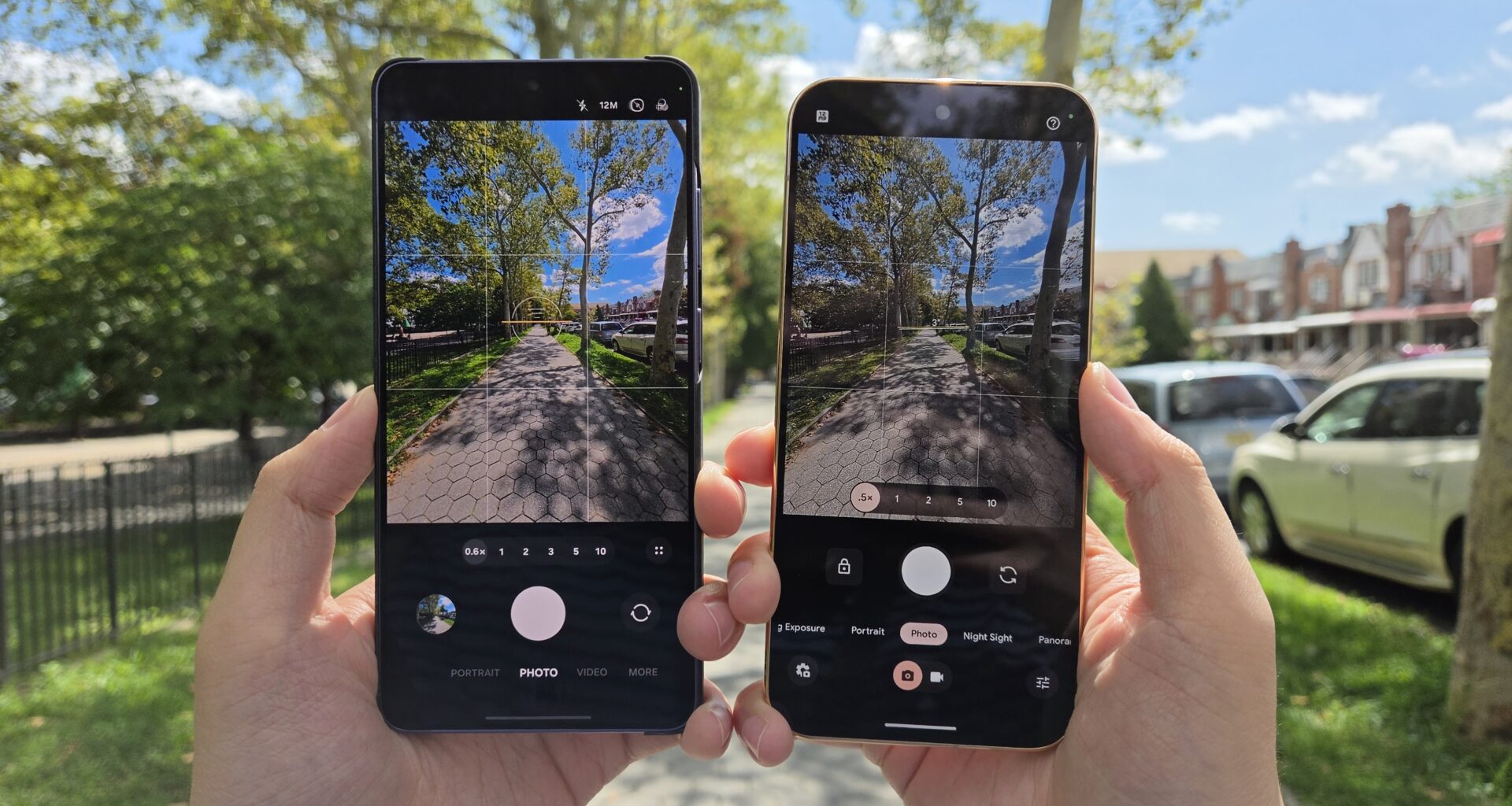 Two phone cameras pointed at a sidewalk.