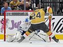 Trevor Connelly #24 of the Vegas Golden Knights scores a shootout goal against Sergei Bobrovsky #72 of the Toronto Maple Leafs at T-Mobile Arena on October 08, 2026 in Las Vegas, Nevada. The Golden Knights defeated the Maple Leafs 4-3 in a shootout.