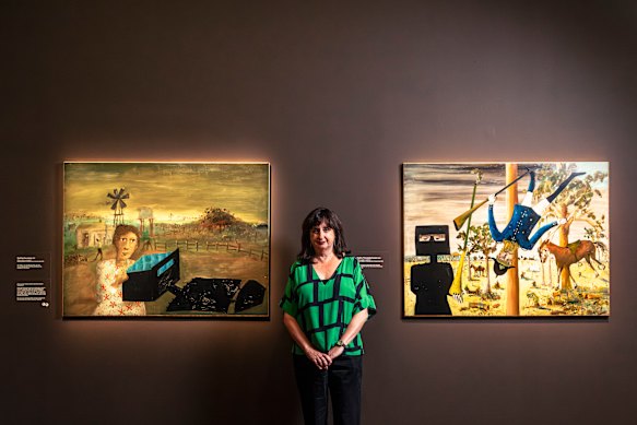 Denise Mimmocchi, senior curator of Australian art, with some of the Sidney Nolan paintings on display at the Art Gallery of NSW.