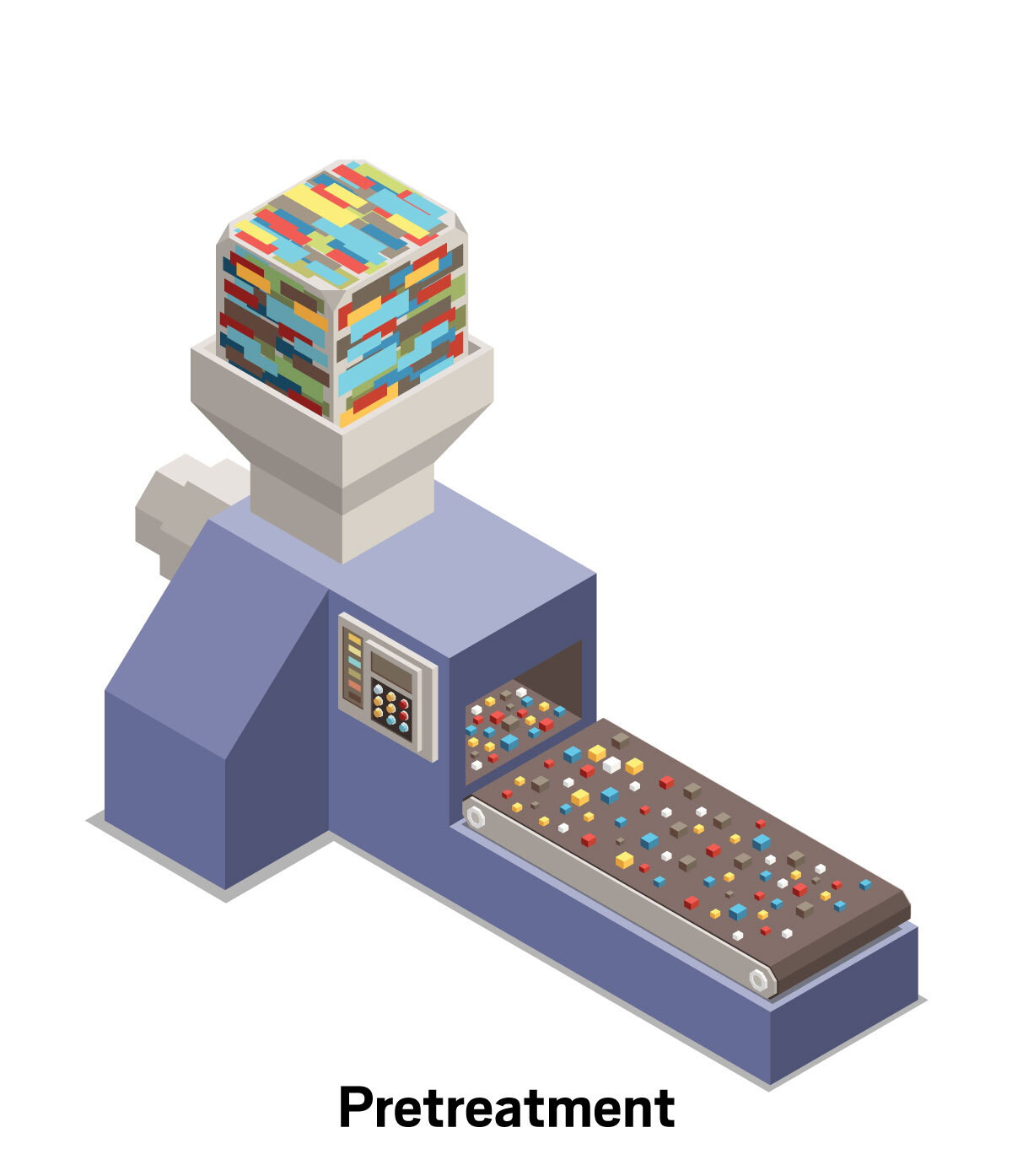Illustration of waste polyethylene and polypropylene being sorted, dried, and shredded before pyrolysis.