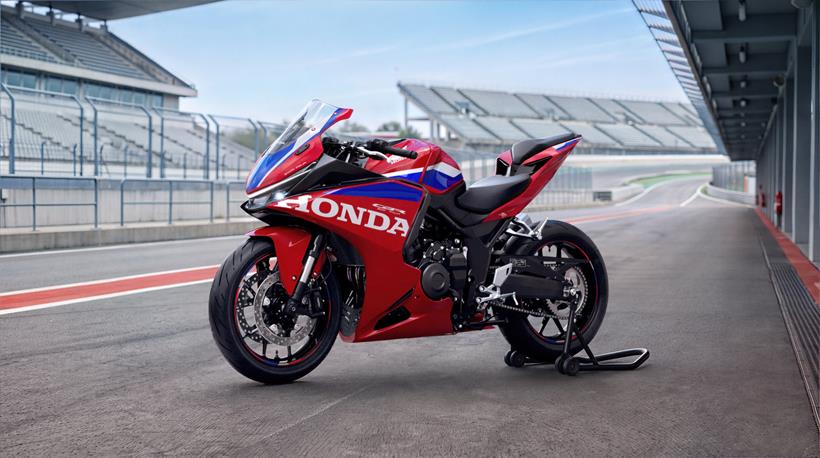 Honda CBR500R Four on a paddock stand in the track paddock