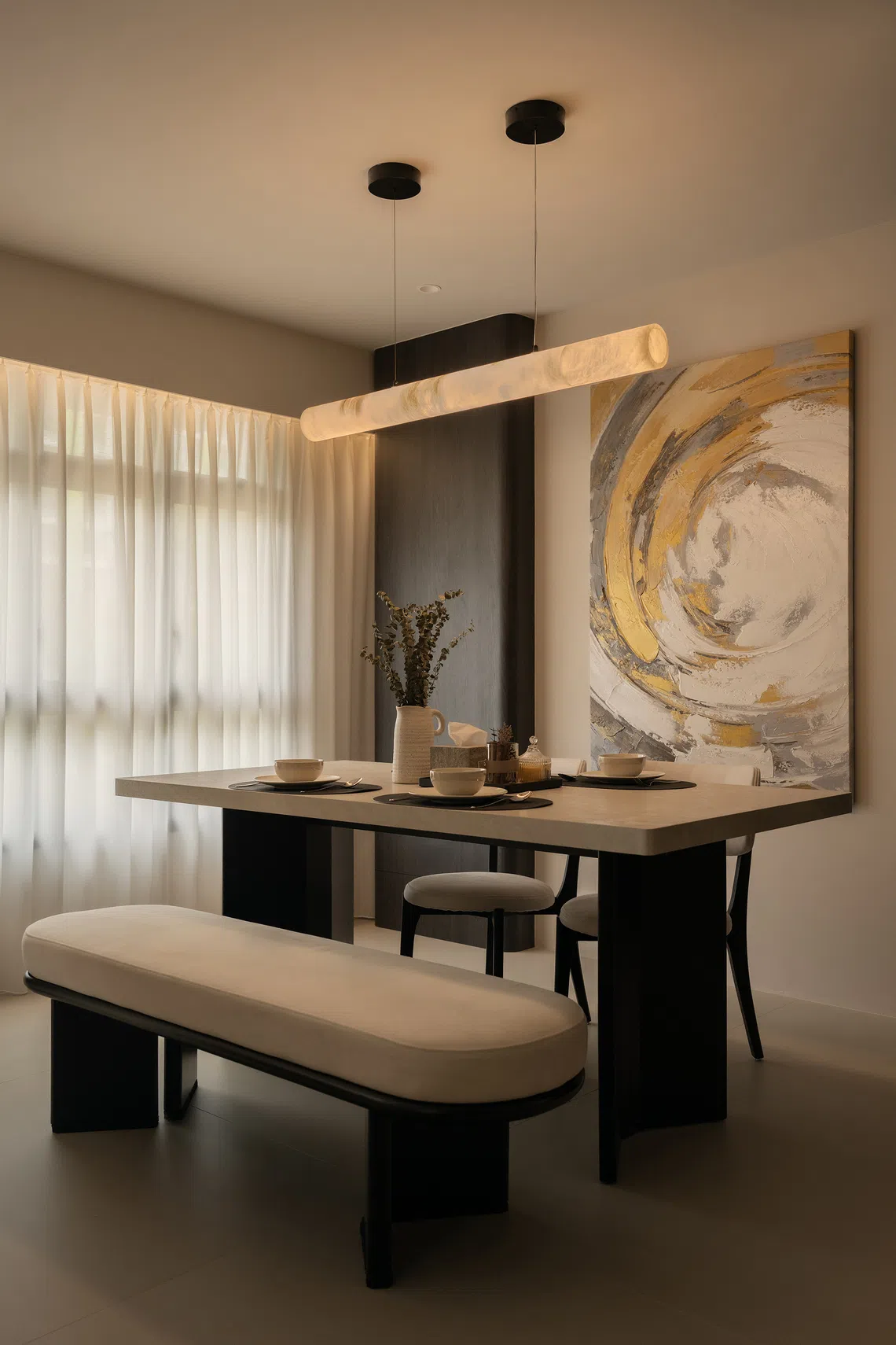Curved edges and customised finishes define the dining set, sourced from multiple Taobao stores.
