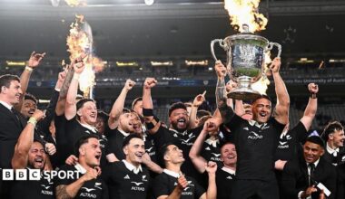 New Zealand celebrate beating Australia in the 2026 Bledisloe Cup