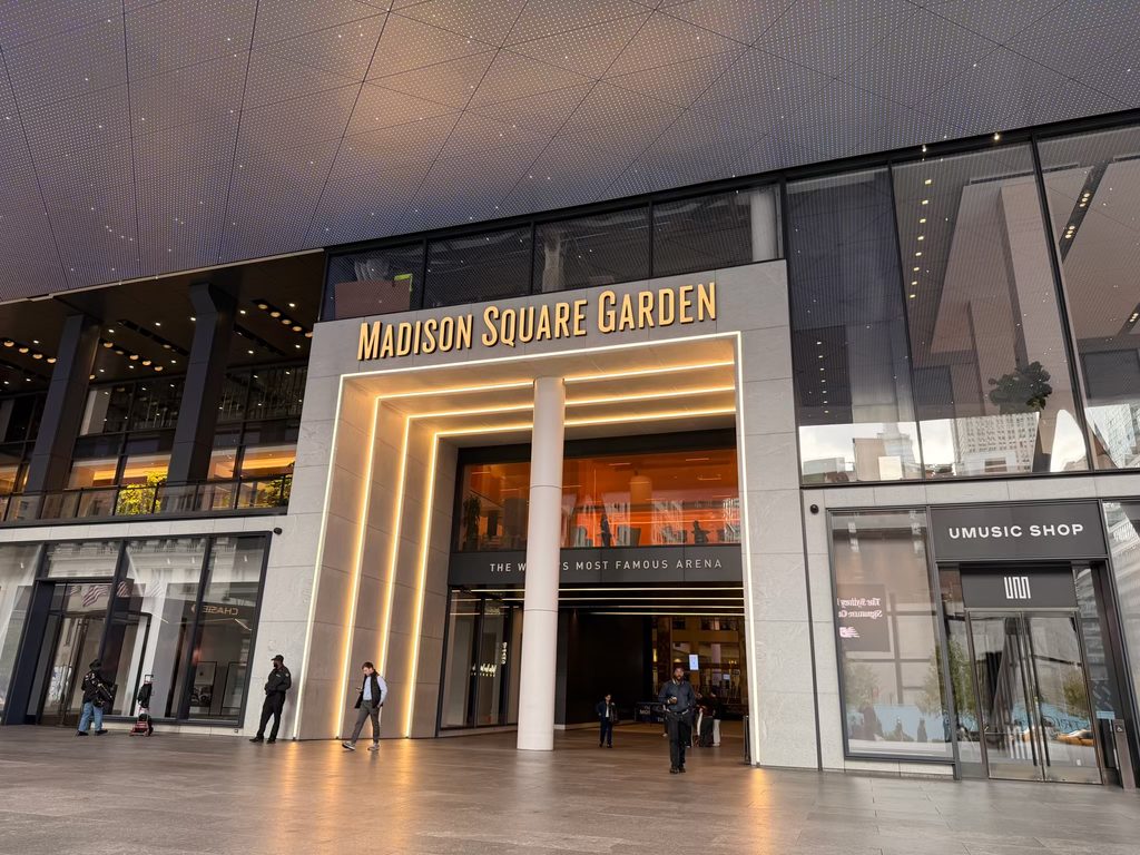 Madison Square Garden entrance with the arena sign and The World’s Most Famous Arena lettering