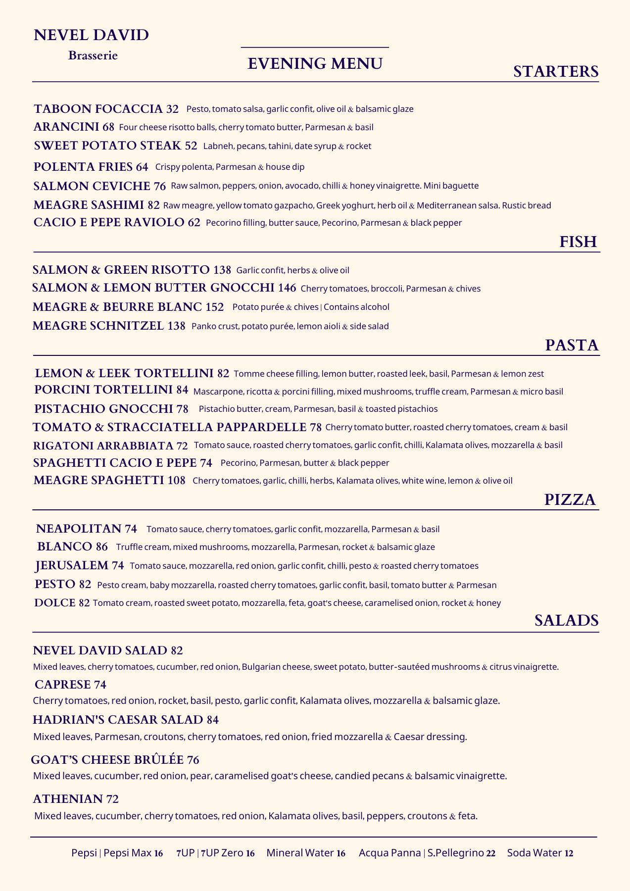 Nevel David Brasserie English evening menu and prices
