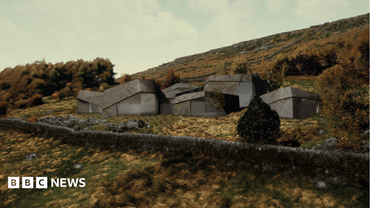 A drawing of a proposed house on moorland which is designed to look like large rocks.