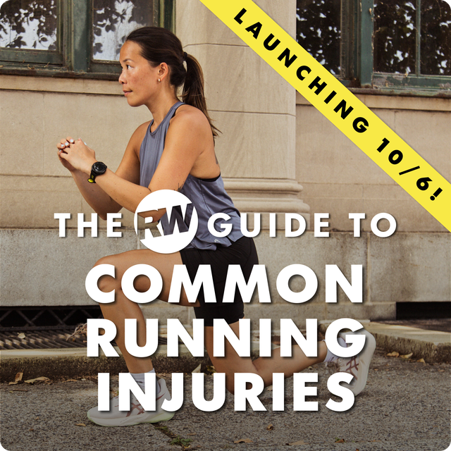 A woman demonstrating a lunge exercise with a promotional banner for a guide on common running injuries. A woman demonstrating a lunge exercise with a promotional banner for a guide on common running injuries.
