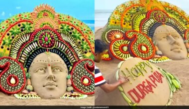 Sand Artist Sudarsan Pattnaik Creates 10-Foot-Tall Goddess Durga Sculpture With Fruits And Vegetables