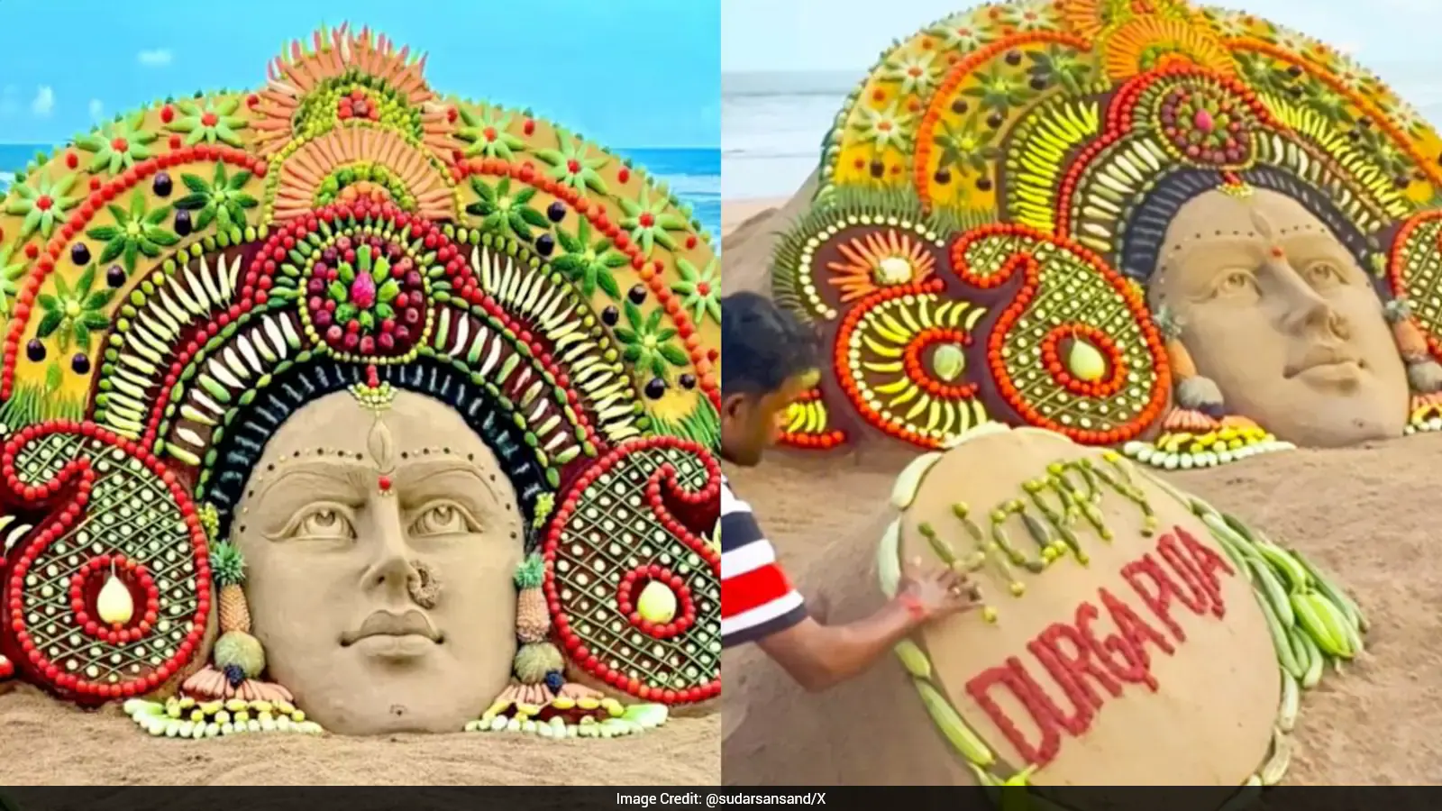 Sand Artist Sudarsan Pattnaik Creates 10-Foot-Tall Goddess Durga Sculpture With Fruits And Vegetables