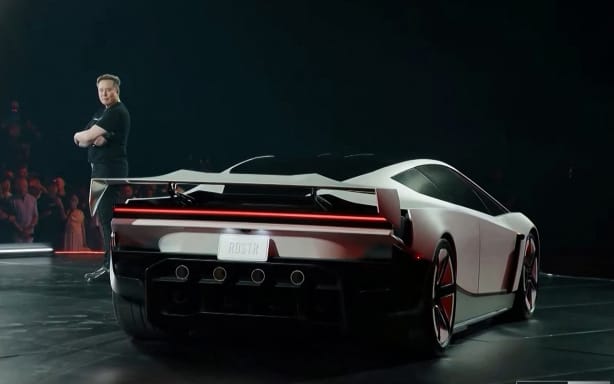 A frame from a live feed released by Tesla shows tech billionaire Elon Musk unveiling the Roadster car, on 15 October 2026, in Texas.