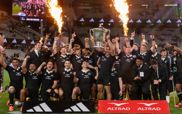 New Zealand All Blacks celebrate after winning the Bledisloe Cup after the New Zealand All Blacks v Australia Wallabies, Bledisloe Cup Rugby Test Match at Eden Park, Auckland, New Zealand on Saturday 10th October 2026.