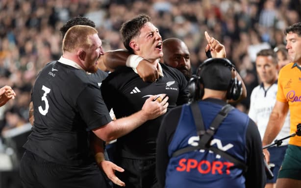 Cam Roigard of New Zealand scores a try during the New Zealand All Blacks v Australia Wallabies, Bledisloe Cup Rugby Test Match at Eden Park, Auckland, New Zealand on Saturday 10th October 2026. Photo: Brett Phibbs / Photosport
