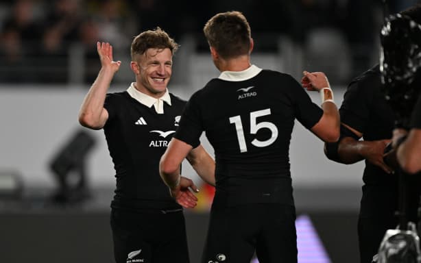 Damian McKenzie of New Zealand and Beauden Barrett of New Zealand celebrate, New Zealand All Blacks v Australia Wallabies, Bledisloe Cup Rugby Test Match at Eden Park, Auckland, New Zealand on Saturday 10th October 2026.
© Photo: Andrew Cornaga / Photosport