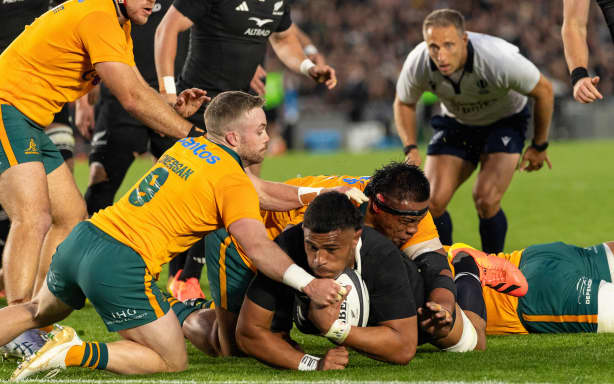 Tupou Vaa'i of New Zealand scores a try during New Zealand All Blacks v Australia Wallabies, Bledisloe Cup Rugby Test Match at Eden Park, Auckland, New Zealand on Saturday 10th October 2026.
Photo: Joshua Devenie / Photosport