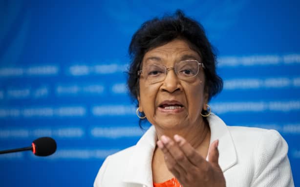(FILES) Chair of the Independent International Commission of Inquiry on the Occupied Palestinian Territory, including East Jerusalem, and Israel, South African judge Navi Pillay, speaks during a press conference in Geneva on September 16, 2025. South African jurist Navanethem "Navi" Pillay wins the 2026 Nobel Peace Prize.