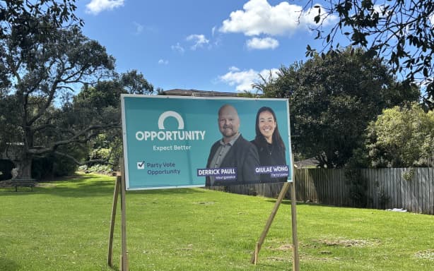Election hoardings in Onehunga on Friday, 9 October 2026.