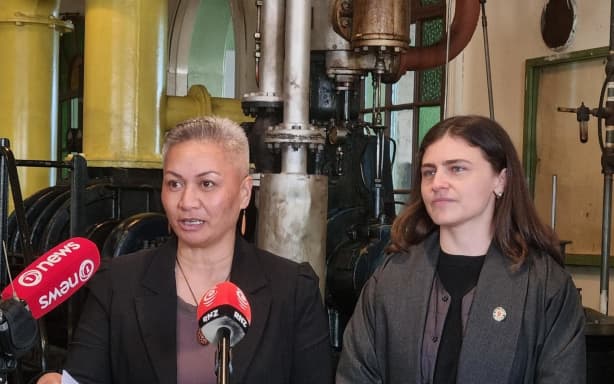 Chlöe Swarbrick and Marama Davidson at the Dunedin Gasworks Museum, July 2026.