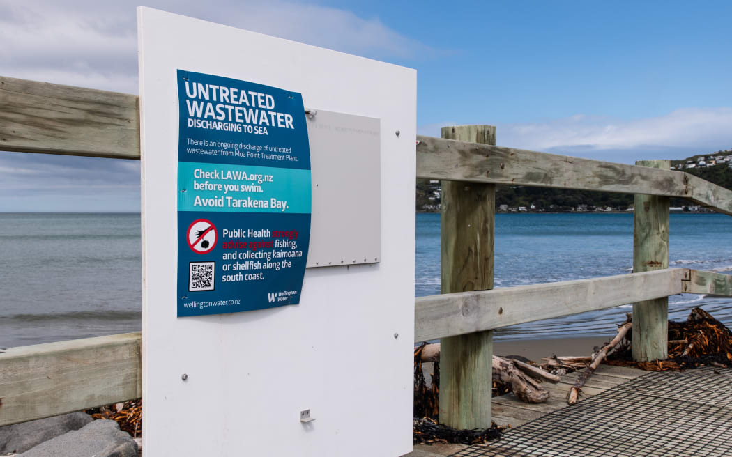 Signs on Wellington's South Coast about the wastewater spill