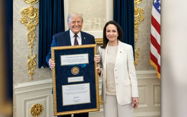 President Donald Trump meets with María Corina Machado in the Oval Office, where she presented him with her Nobel Peace Prize, on January 15.
Mandatory Credit: White House via CNN Newsource