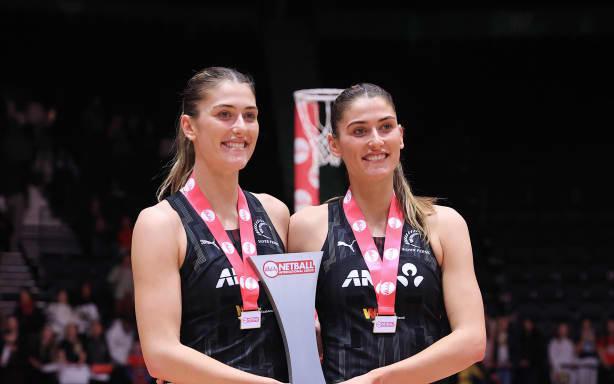 Kate Heffernan of New Zealand and Georgia Heffernan of New Zealand pose together with the trophy after England Vitality Roses v New Zealand Silver Ferns at AO Arena, Manchester, England on Wednesday 19 November 2025, as part of the 2025 Silver Ferns Northern UK Tour.
Photo: Simon Stacpoole / Photosport