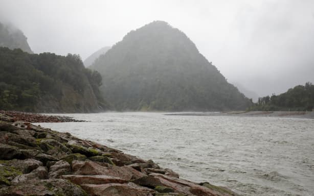 The Waiho River has risen rapidly as large amounts of rainfall has fallen in the area.