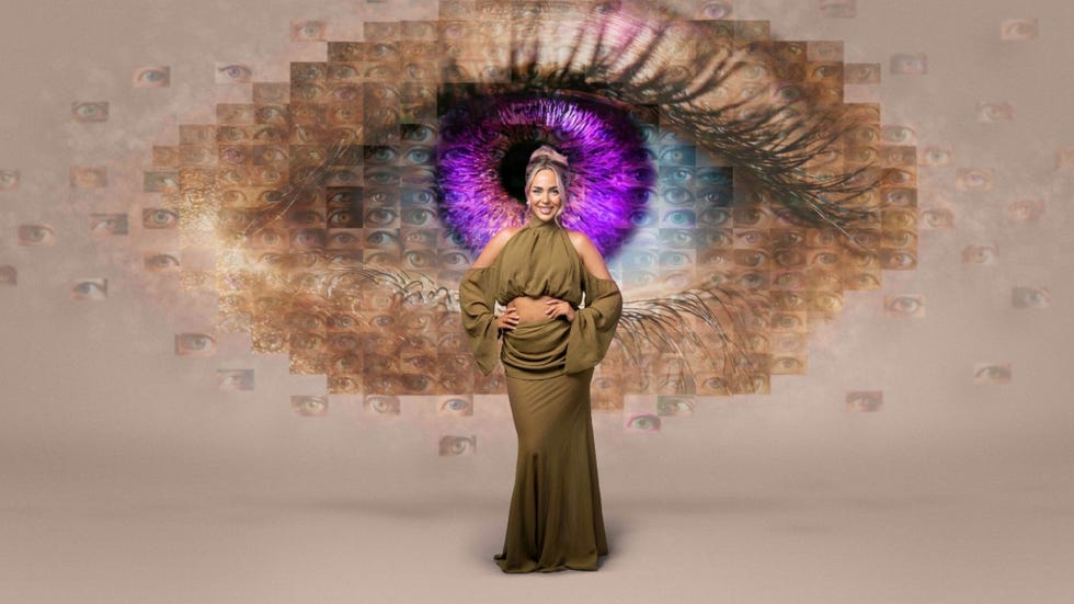 big brother 2026 catrin person in a long dress in front of a large eye collage background