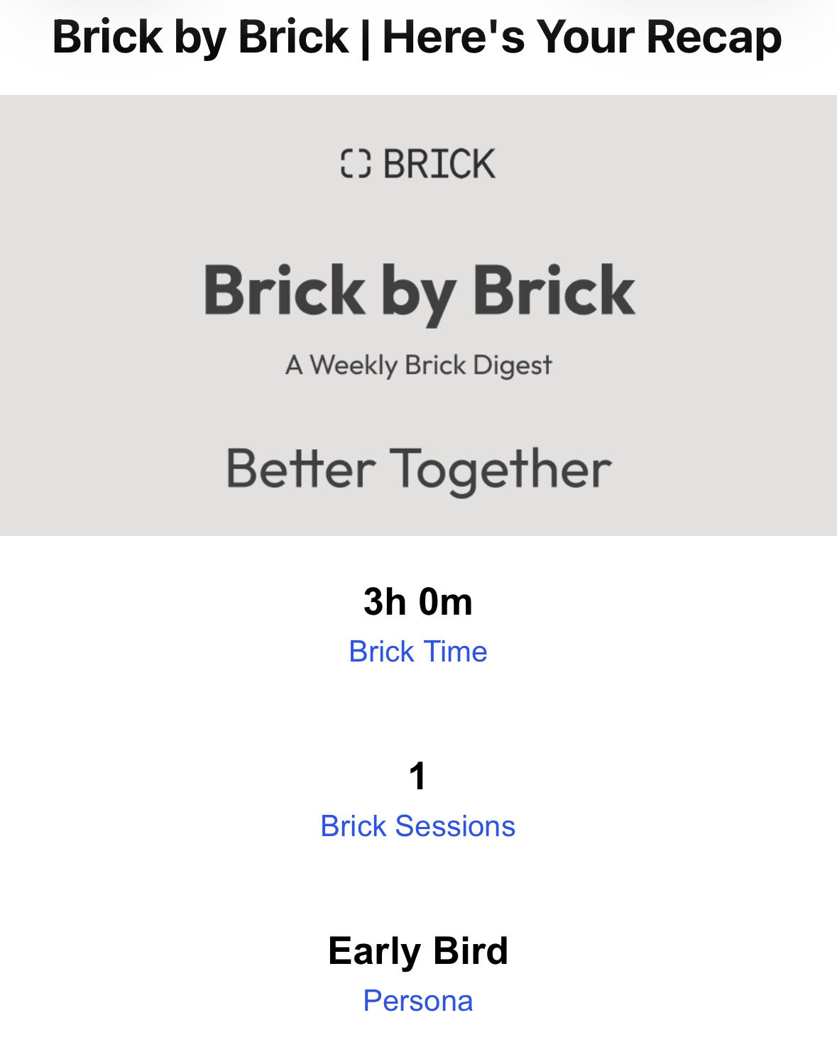 A screenshot of a weekly recap email from Brick.